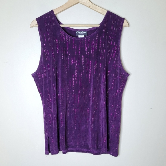 Vintage Purple Beaded Two Piece Set M Slinky Tank Midi Skirt Holiday Evening - Picture 2 of 9